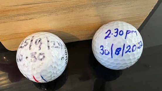 The two golf balls that allegedly "narrowly missed" hitting Mrs Schou. “My main worry now is that they’ll keep smashing solar panels.” Picture: Supplied.