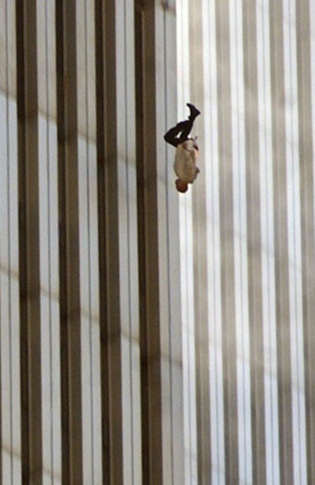 A famous picture taken by Richard Drew of the falling man from the Twin Towers during 9/11 terrorism attack in New York. Picture: Richard Drew/AP