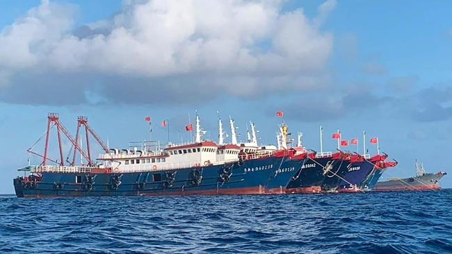 Chinese vessels anchored at Whitsun Reef, 320km west of Palawan Island in the South China Sea. Picture: AFP