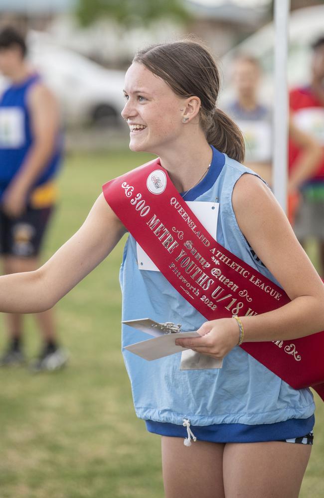 Adelaide Bailey wins the 300m final. Postle Gift in Pittsworth. Saturday, December 10, 2022. Picture: Nev Madsen.