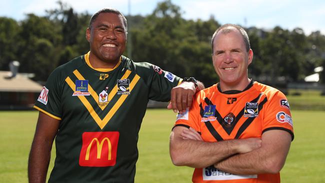 Former Broncos teammates Petero Civoniceva and Darren Smith will face off in the International Legends of League match. Picture: Peter Wallis