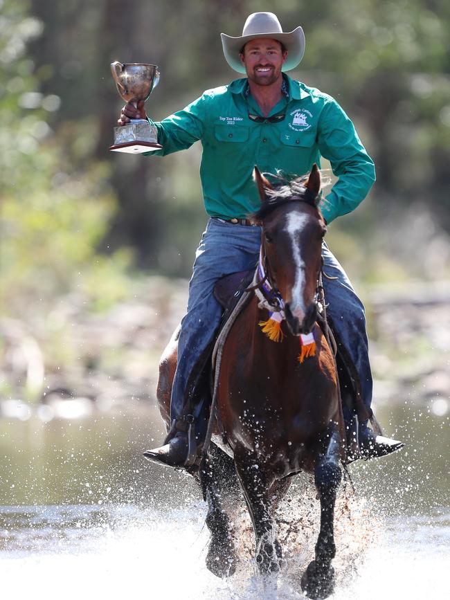 Brett Staines of Newry took out the Cattleman’s Cup at the 2023 Mountain Cattlemen Association of Victoria’s get together at Licola in October, riding Jack. Picture: Yuri Kouzmin