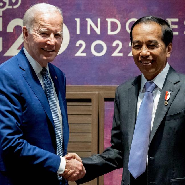 Joe Biden and Indonesian President Joko Widodo in Bali on Monday. Picture: AFP