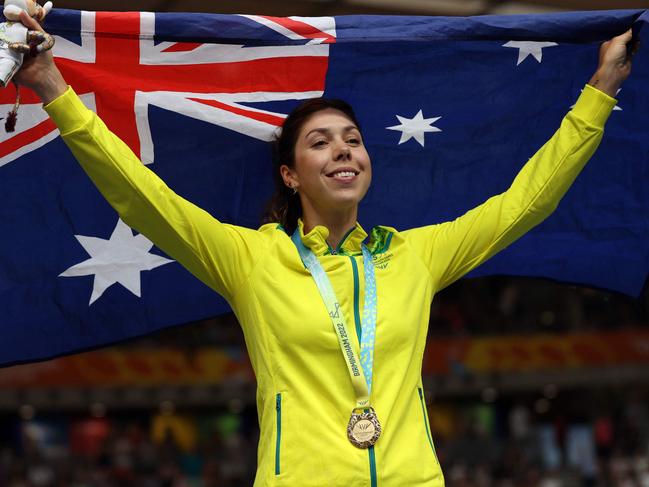 Georgia Baker celebrates on the podium after winning one of three gold medals at the 2022 Commonwealth Games. She’s searching for a maiden Olympic medal in Paris. (Photo by ADRIAN DENNIS/AFP)