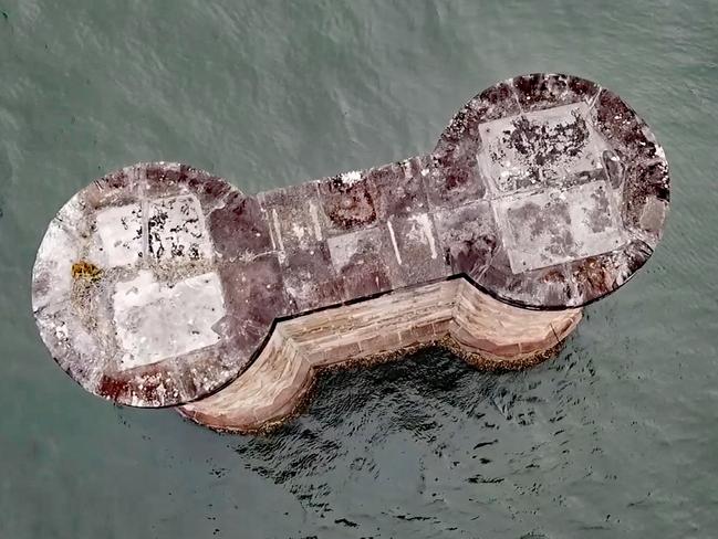 Drone view of Hawkesbury River Railway Bridge pylon made from Wondabyne Quarry sandstone.