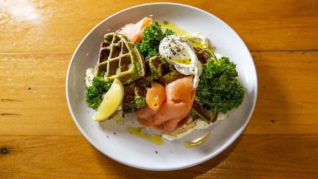 Cheese and chive waffles with salmon. Picture: Mark Cranitch