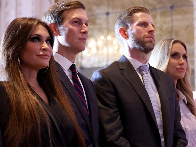 PALM BEACH, FLORIDA - NOVEMBER 15: Kimberly Guilfoyle, Jared Kushner, Eric Trump, and Laura Trump listen as former U.S. President Donald Trump speaks during an event at his Mar-a-Lago home on November 15, 2022 in Palm Beach, Florida. Trump announced that he was seeking another term in office and officially launched his 2024 presidential campaign.   Joe Raedle/Getty Images/AFP