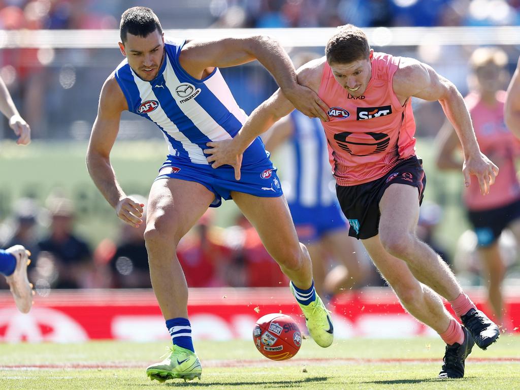 Luke Davies-Uniacke battles with Matt Rowell. Picture: Getty Images