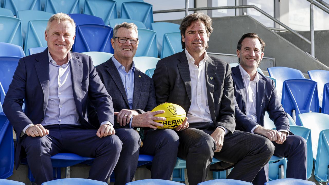 Premier Jeremy Rockliff, Tasmanian AFL Team Chairman Grant O'Brien, AFL CEO Gillon McLachlan AFL CEO-elect Andrew Dillon at Dial Park, Penguin. Picture: Grant Viney