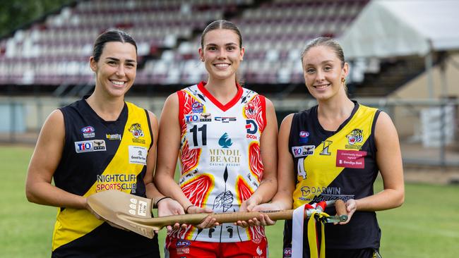 Christy Landwehr, Lily Tatsula and Sally Evans to play for the Golden Shovel in the NTFL 2024-25 edition of the Battle of the Beaches. Picture: Pema Tamang Pakhrin