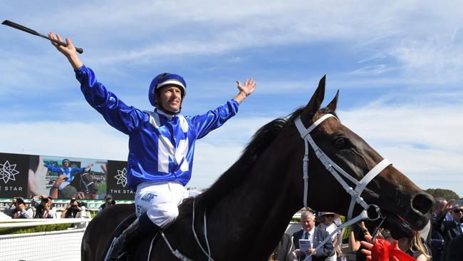 Hugh Bowman on champion horse Winx. Picture: Simon Bullard