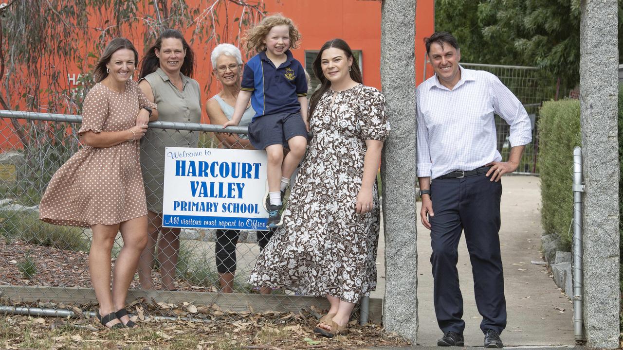 Harcourt Valley Primary staff are competing in Run 4 the Kids for one of their Year 4 students. From left, staff members Louise Simpson, Stacey Turner, Raewyn Rice, Scout Chilvers, aged seven, whose sibling Mack has leukaemia, Britanii Norris and Andrew Blake. Picture: Zoe Phillips