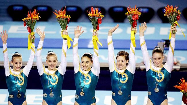 Gold medallists, Australia [left to right] Ashleigh Brennan, Hollie Dykes, Monette Russo, Chloe Sims, and Naomi Russell.