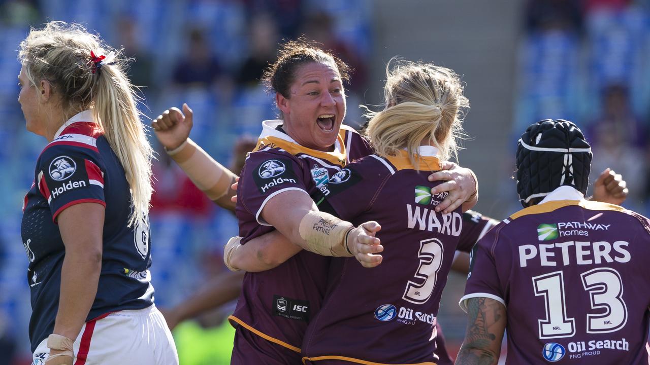 Steph Hancock celebrates at full time of the NRL Women's Premiership Grand Final between the Brisbane Broncos and the Sydney Roosters. (AAP Image/Craig Golding).