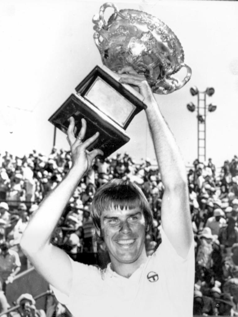 Roscoe Tanner holds the trophy high after winning the men’s final of the Australian Open championships in Melbourne in 1977.