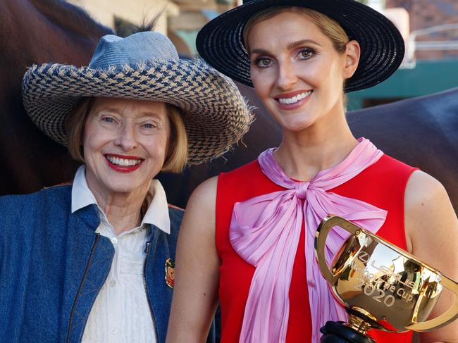 Gai and Kate Waterhouse pictured at Gai's stables in Sydney with the 2020 Lexus Melbourne Cup and horse, Our Castaway. Picture: David Swift