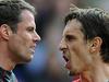 MANCHESTER, ENGLAND - MARCH 21: Jamie Carragher (L) of Liverpool argues with Gary Neville of Manchester United after United were awarded a penalty in the first half of the Barclays Premier League match between Manchester United and Liverpool at Old Trafford on March 21, 2010 in Manchester, England. (Photo by Michael Regan/Getty Images)