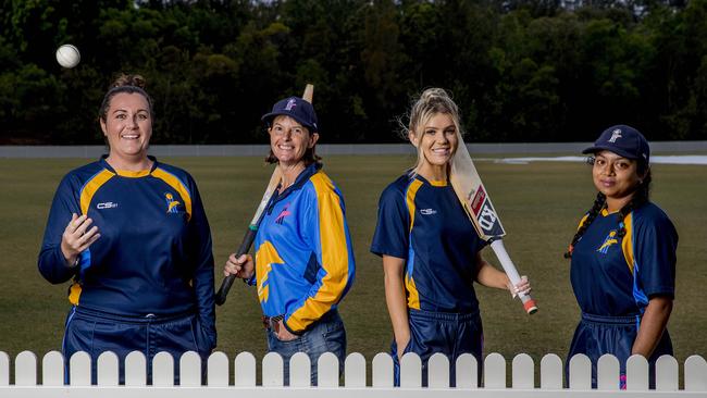 Gold Coast dolphin women players, Melissa Lewis, Linda Machin, Shinae Macdonal, , and Liana Rauf. ahead of their season kicking off this weekend. Picture: Jerad Williams