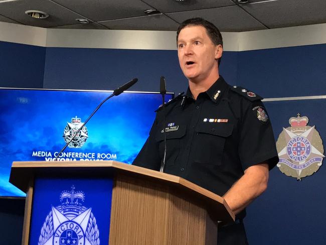 Commissioner Shane Patton announcing Cardinal George Pell was to be charged by Victoria Police on summons over historical sex offence charges. Picture: AAP Image/Kaitlyn Offer