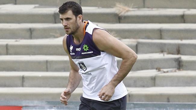 Former Bomber Scott Gumbleton hits the track as Fremantle players return for pre-season training. Picture: Jordan Shields