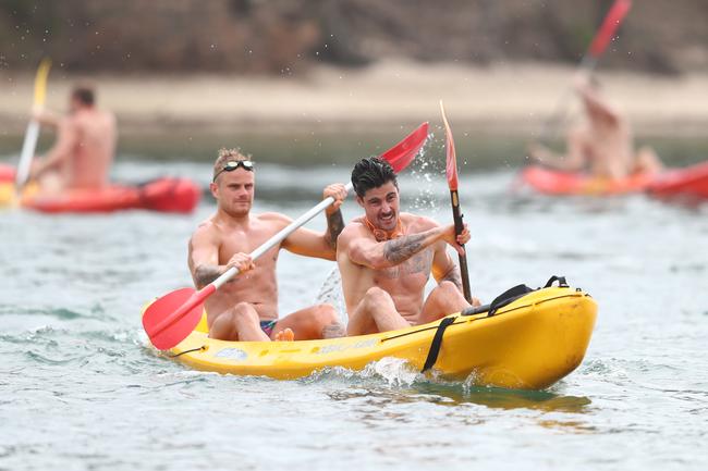 GOLD COAST, AUSTRALIA - JANUARY 23: Brandon Ellis and Alex Sexton during a Gold Coast Suns AFL training session at Palm Beach Parklands on January 23, 2020 in Gold Coast, Australia. (Photo by Chris Hyde/Getty Images)