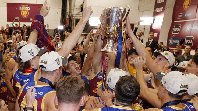 NCA. MELBOURNE, AUSTRALIA. September 28 , 2024. AFL Grand Final.  Sydney Swans vs Brisbane Lions at the MCG.  Brisbane Lions celebrate in the rooms    .  Pic:Michael Klein