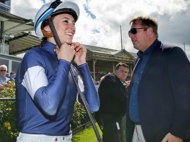 Jockey Katelyn Mallyon shares a laugh with Nick Williams before her ride on Our Century at Bendigo this week. Picture: Colleen Petch