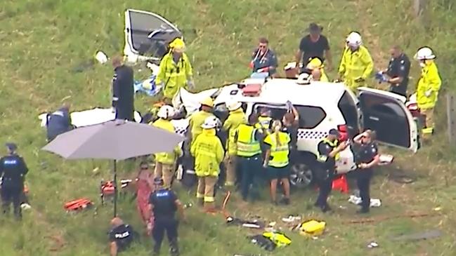 A police officer is in a critical condition after a traffic crash on the Cunningham Highway. Picture: 9 News