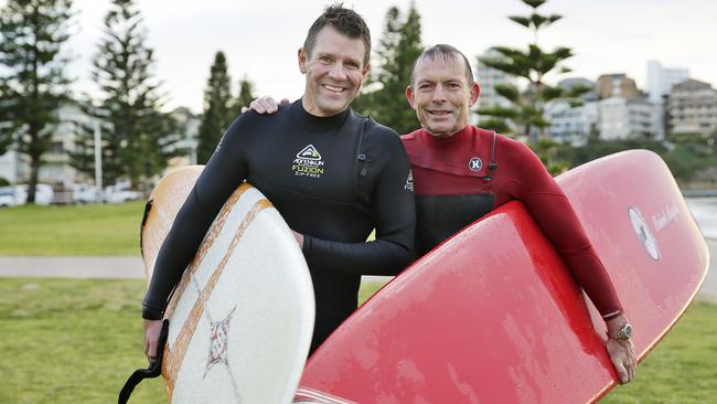 Tony Abbott and Mike Baird at North Steyne, Manly. Picture: Braden Fastier