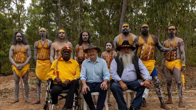 Australian Prime Minister Anthony Albanese poses for photos with Patrick Dodson and Galarrwuy Yunupingu during the Garma Festival. Picture: Tamati Smith/ Getty Images