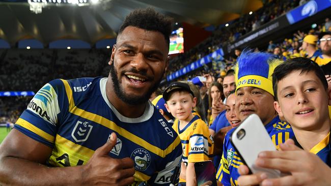 Maika Sivo of the Eels celebrates with fans at Bankwest Stadium.