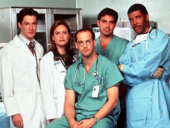 The way they were! The cast of ER: Noah Wyle, Sherry Stringfield, Anthony Edwards, George Clooney and Eriq La Salle, pictured on set in 1995. Picture: Supplied