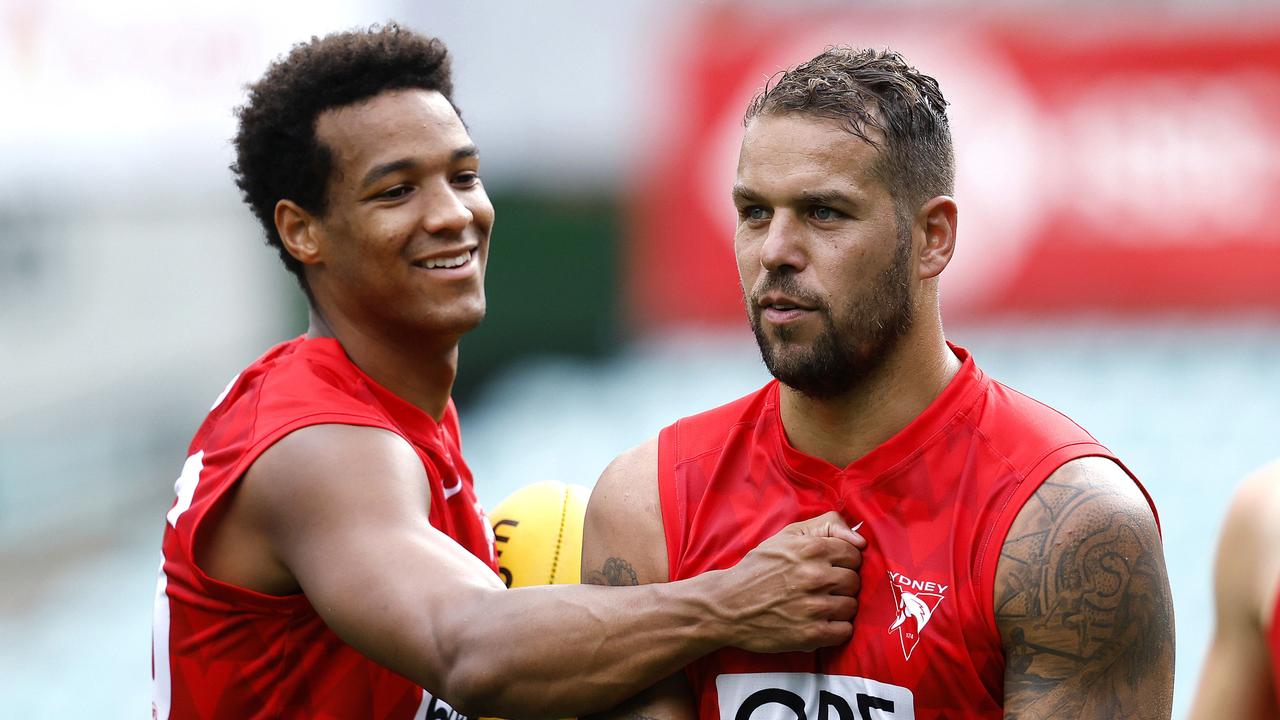 Sydney forward Joel Amartey has praised Lance Franklin for his mentoring role after kicking a career-high nine goals against Adelaide on Saturday night. Picture: Phil Hillyard