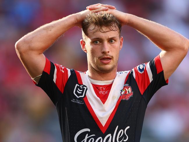 BRISBANE, AUSTRALIA - MARCH 05: Sam Walker of the Roosters looks on during the round one NRL match between the Dolphins and Sydney Roosters at Suncorp Stadium on March 05, 2023 in Brisbane, Australia. (Photo by Chris Hyde/Getty Images)
