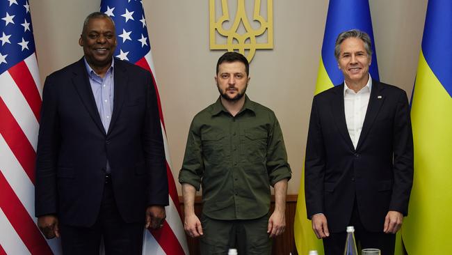 US Defence Secretary Lloyd Austin, left, Ukrainian President Volodymyr Zelensky and US Secretary of State Antony Blinken in Kyiv. Picture: Getty Images