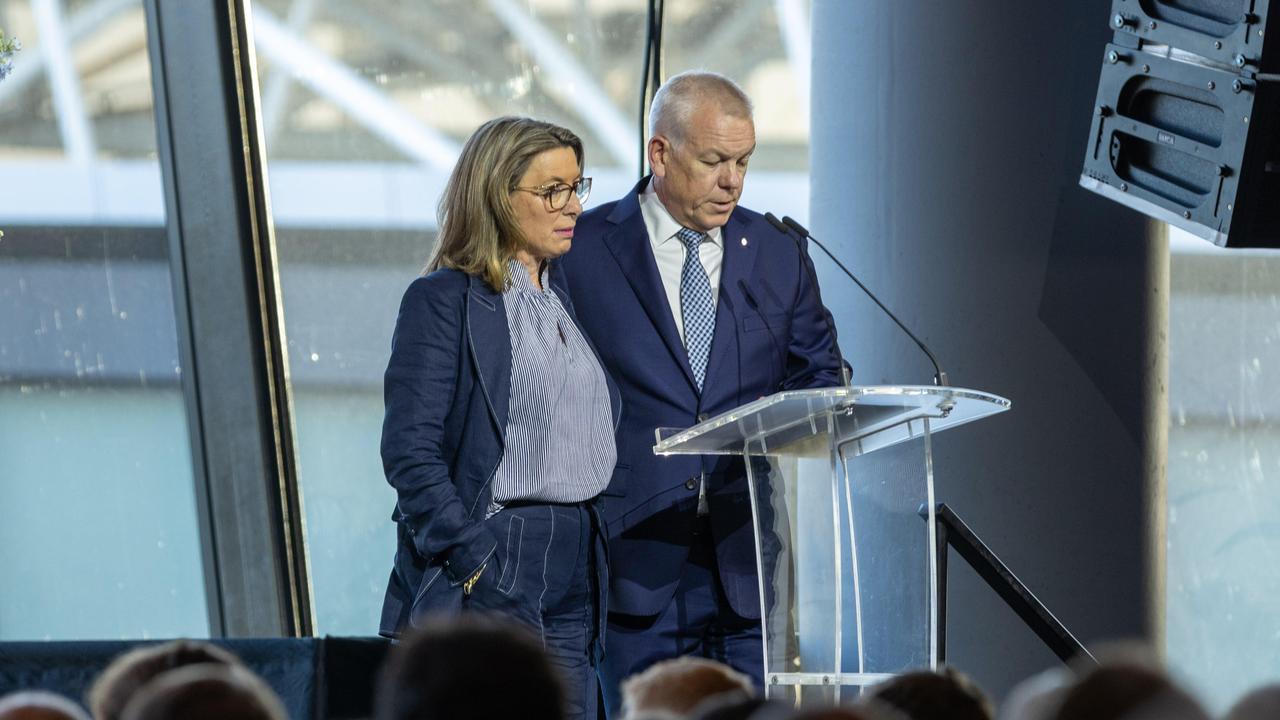 Emma and Grant Stevens at a celebration of Charlie’s life at Adelaide Oval. Picture: NCA NewsWire/Ben Clark