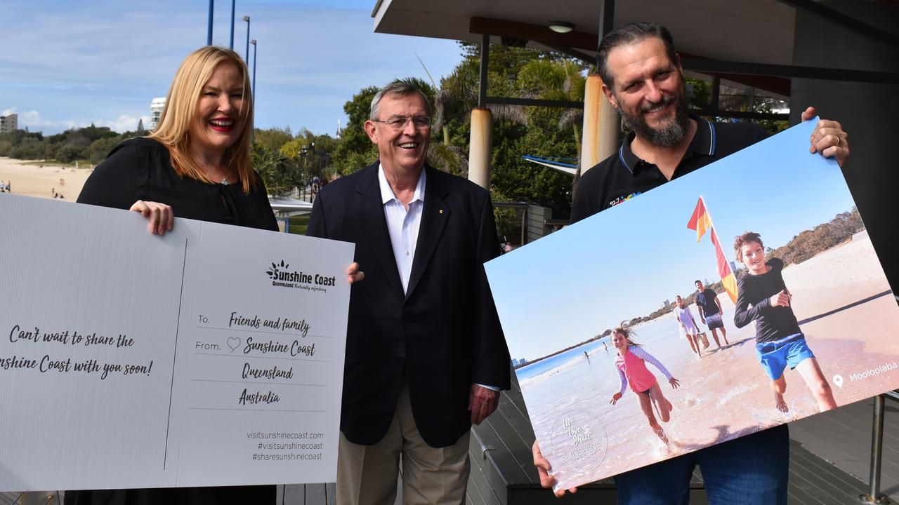 The morning show pair is an active part of the Sunshine Coast community, pictured here with Visit Sunshine Coast chairman David Ryan with Caroline Hutchinson on the left and Mark Darin on the right.