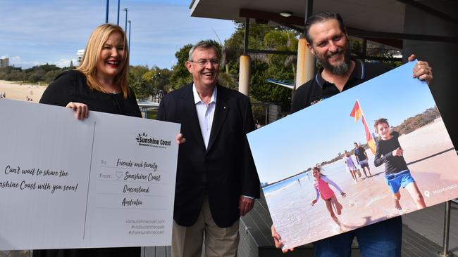 The morning show pair is an active part of the Sunshine Coast community, pictured here with Visit Sunshine Coast chairman David Ryan with Caroline Hutchinson on the left and Mark Darin on the right.