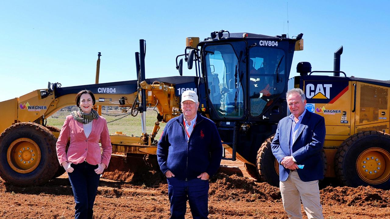 Queensland Premier Annastacia Palaszczuk at the site of a quarantine hub that will be built at Wellcamp Airport in Toowoomba with site owners John and Joe Wagner. Picture: Queensalnd Government, Jack Tran