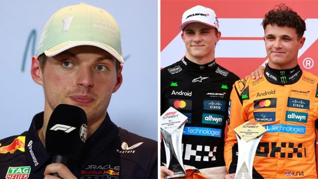 Martin Brundle reckons Max Verstappen sees Oscar Piastri as a bigger threat than Lando Norris. Photos: Getty.
