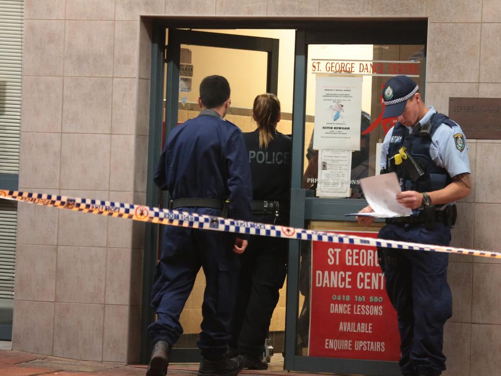 Police and forensics investigate the stabbing and alleged sex assault St George Dance Studio. Picture: Damian Hoffman