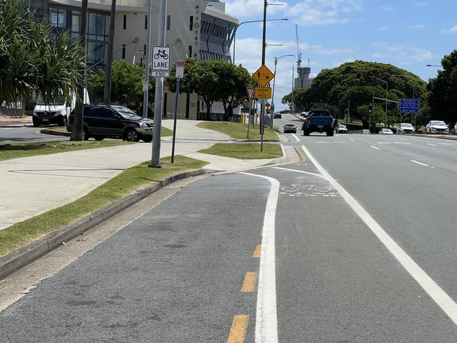 A bike lane which directs riders onto a pathway in Southport. Picture: Keith Woods.