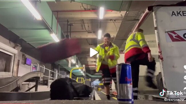 Baggage handlers filmed throwing luggage at Melbourne Airport. Picture: Tik Tok