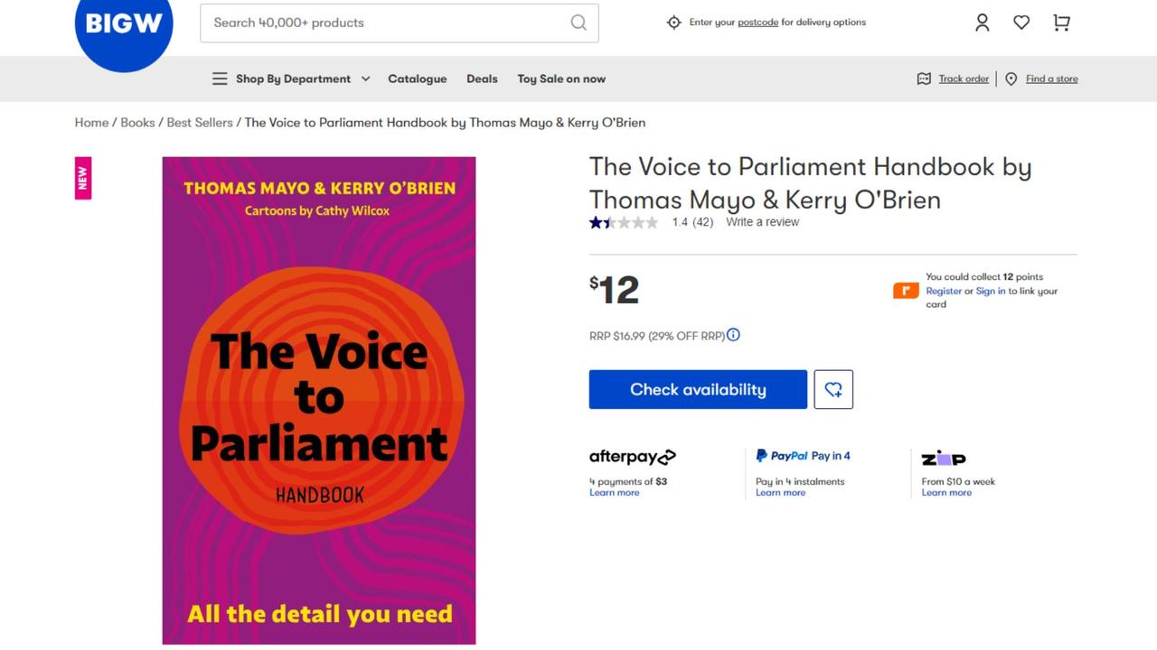 'The Voice to parliament Handbook: All the Detail You Need’ has been overwhelmed by negative reviews on Big W. Picture: Supplied.