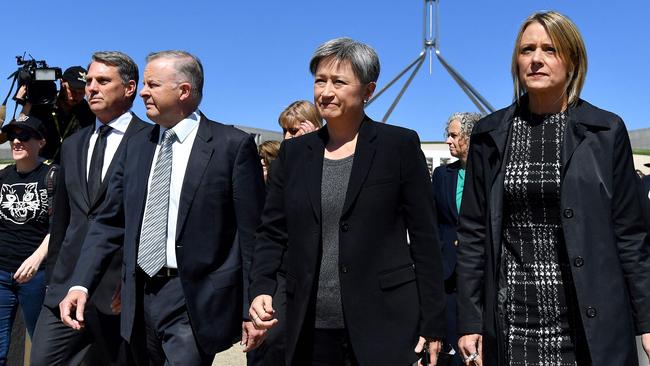 Australian Labor Party leader Anthony Albanese, deputy leader Richard Marles, senators Penny Wong and Kristina Keneally join a protest against sexual violence and gender inequality. Picture: AFP