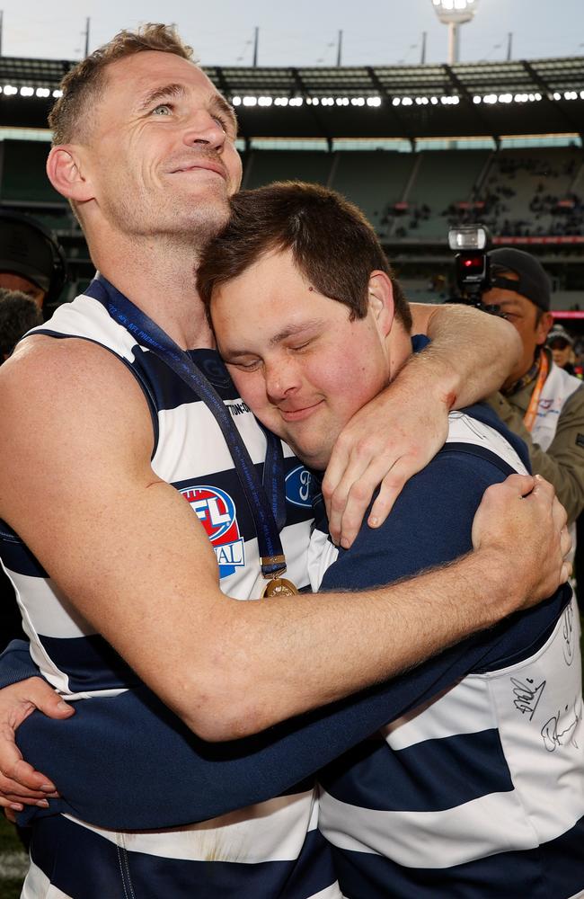 Joel Selwood of the Cats and Sam Moorfoot celebrate during the 2022 Toyota AFL Grand Final. Picture: Michael Willson