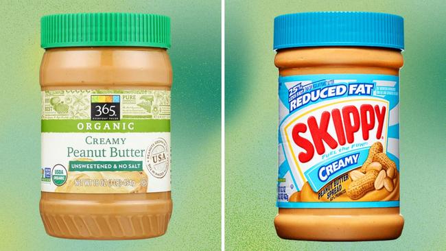 The peanut butter from Whole Foods (left) has only one ingredient, organic dry roasted peanuts, making it not ultra-processed. The reduced fat Skippy includes corn syrup solids and hydrogenated vegetable oil, which food researchers say makes it ultra-processed. Hormel Foods, which makes Skippy, referred questions to an industry group, which disputed the suggestion that processed foods are unhealthy.