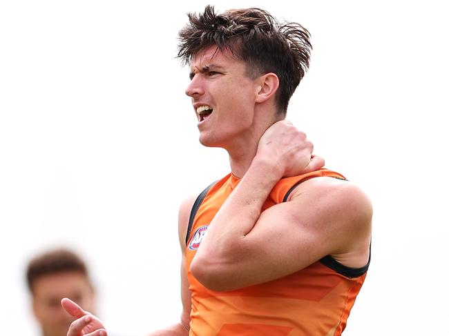 SYDNEY, AUSTRALIA – MARCH 22: Sam Taylor gestures to the umpire during a Greater Western Sydney Giants AFL training session at Vailo Community Centre on March 22, 2024 in Sydney, Australia. (Photo by Mark Kolbe/Getty Images)