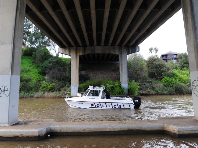 Water Police search the Maribyrnong River from Canning Reserve in Avondale Heights through to Buckley St for any evidence of missing Avondale Heights woman Karen Ristevski. Picture: Eugene Hyland