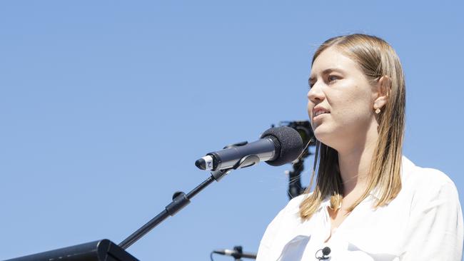 Brittany Higgins speaks at the Canberra March4Justice rally. Picture: Jamila Toderas/Getty Images